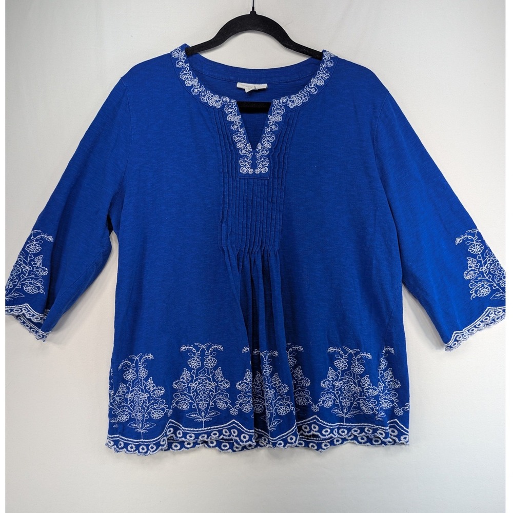 Charter Club Womens XL Royal Blue Embroidered Pintuck 3/4 Sleeve Blouse Top